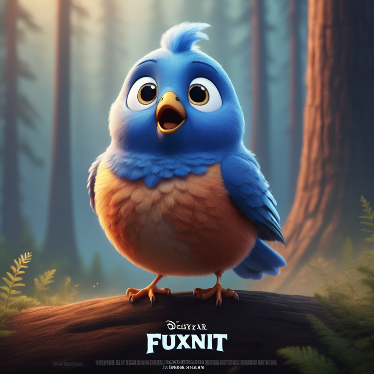 A cute blue bird flying scared and running away from a forest fire in Pixar style, no poster, portrait, no poster text