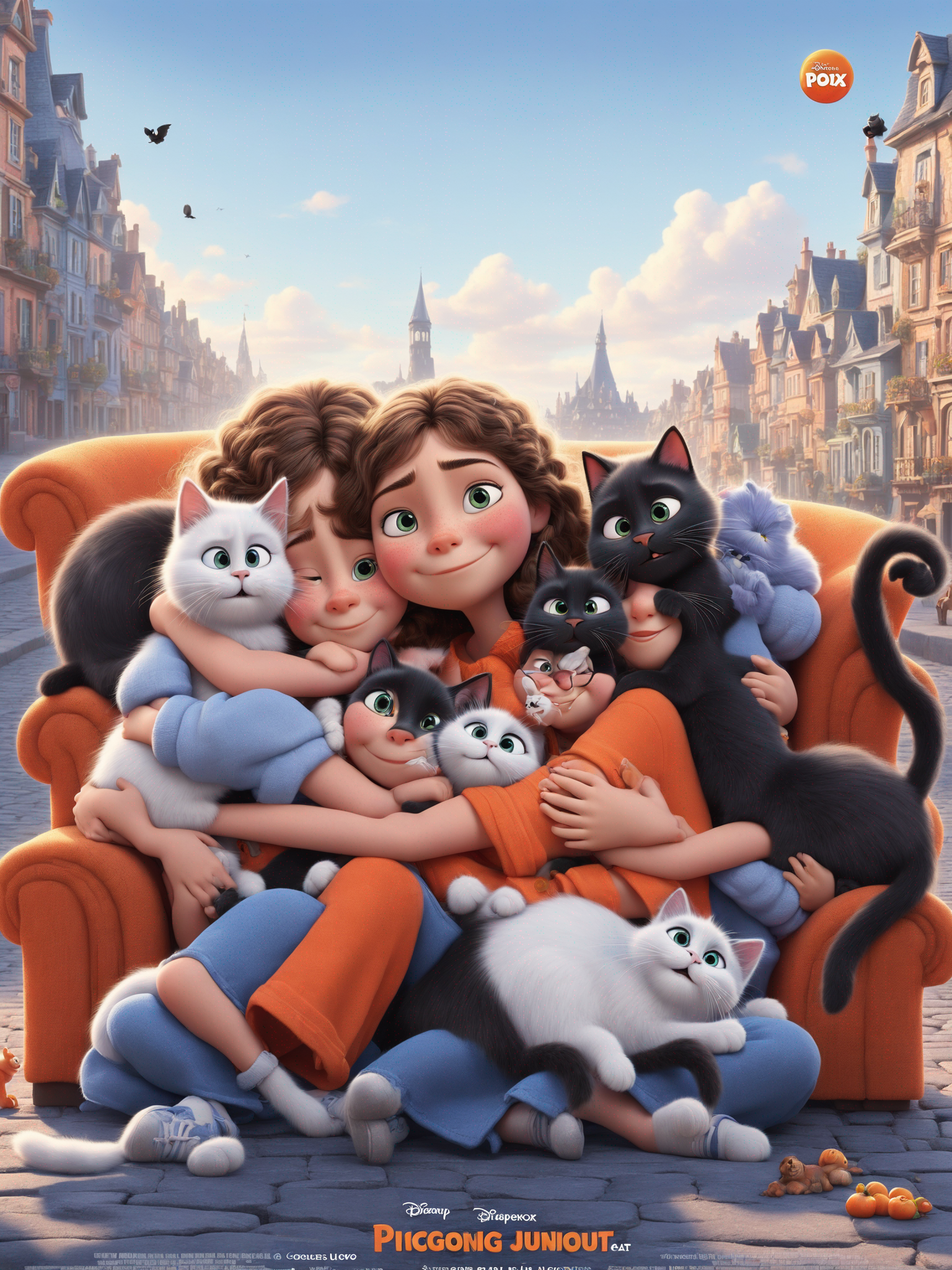 Creates a joyfull image with the style Illustration Pixar movie poster where there is only two girls and only one black cat in their duplex where there is a jute carpet an orange armchair and a rusty sofa  The two girls inspired by the picture enclosed are hugging the cat  no poster text except the movie name GUIGAUD