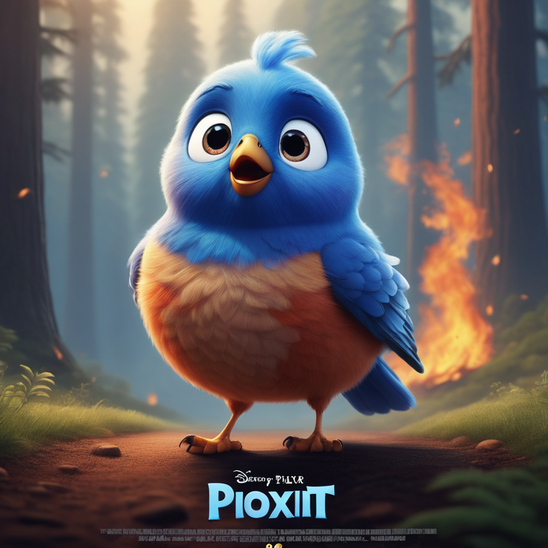 A cute blue bird running away from a forest fire in Pixar style, no poster, portrait, no poster text