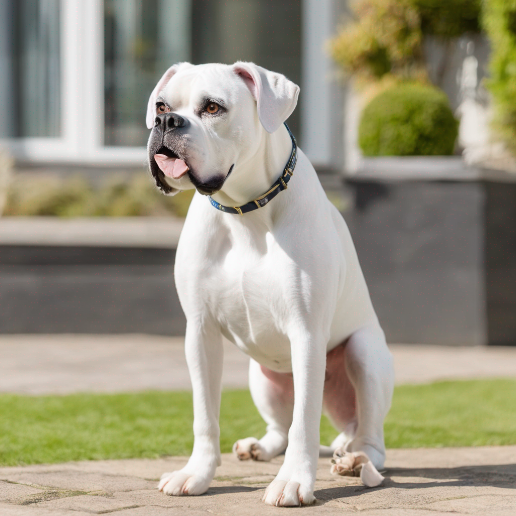 A sixteen month old white Boxer male