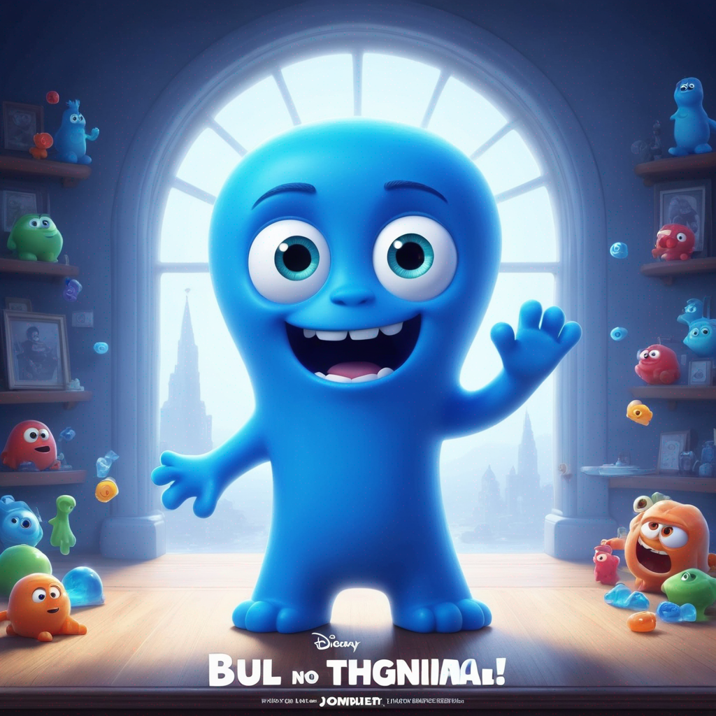 a pixar style blue gummy character with long arms but no legs