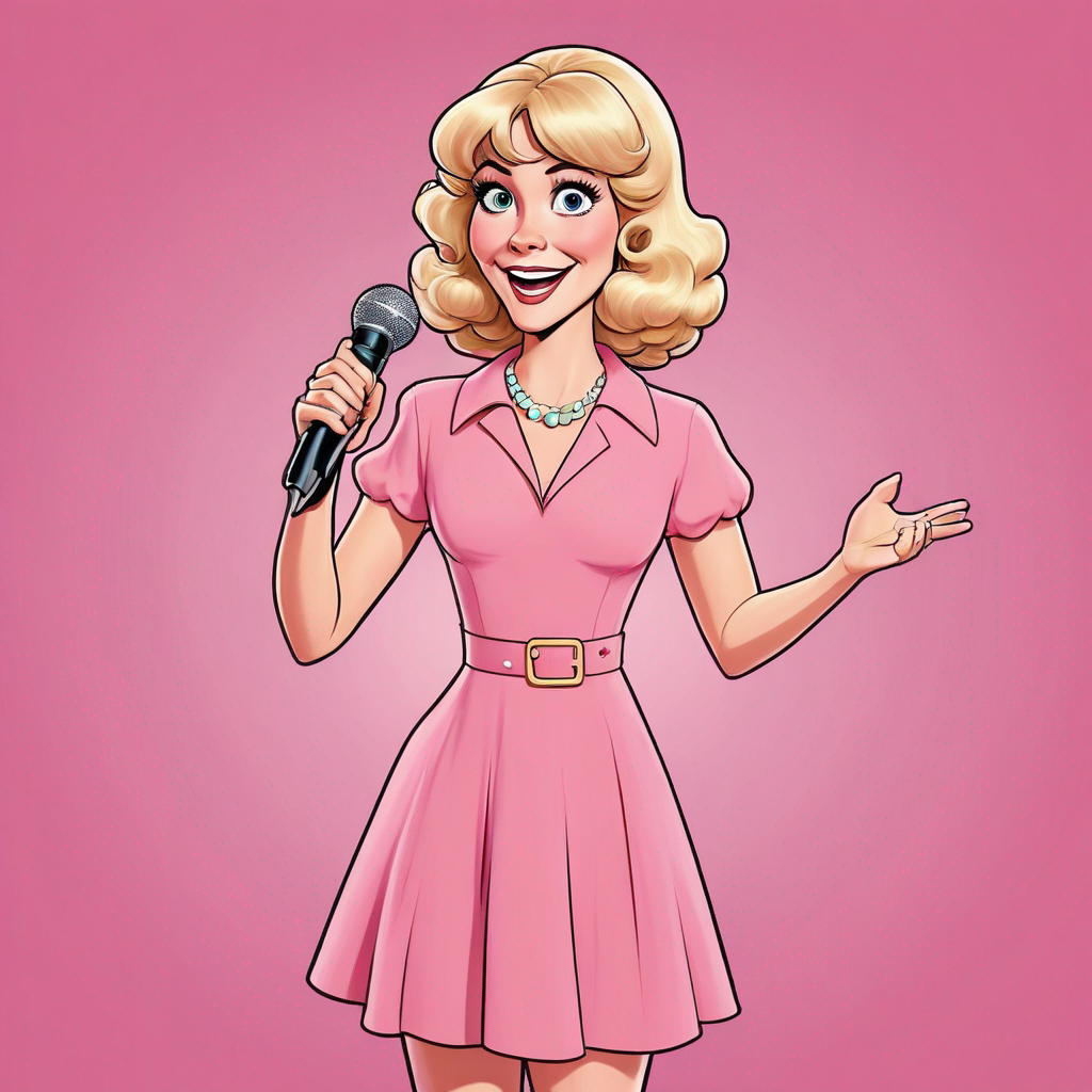 a full body cartoon version of a woman with small breasts, blonde medium length hair with a slight curl and curtain bangs and brown eyes,  wearing a pink dress and holding a microphone in the style of the seventies cartoon Bewitched but must have a plain background