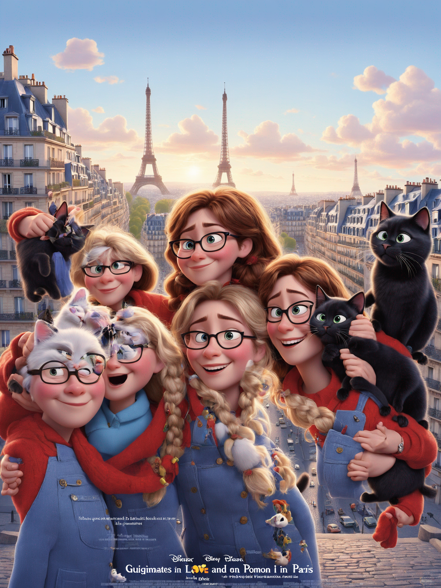 Pixar poster to illustrate the two girls roomates from the picture and a little black cat in the appartment they live in Paris, joyfull and love movie called GUIGAUD