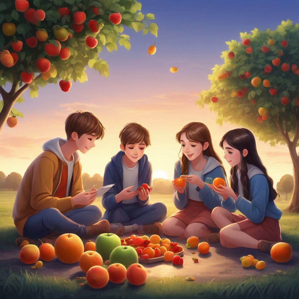 Two boys and two girls in their twenty s are eating fruit on the ground and talking to each other it s evening time and there is a note written on their backs