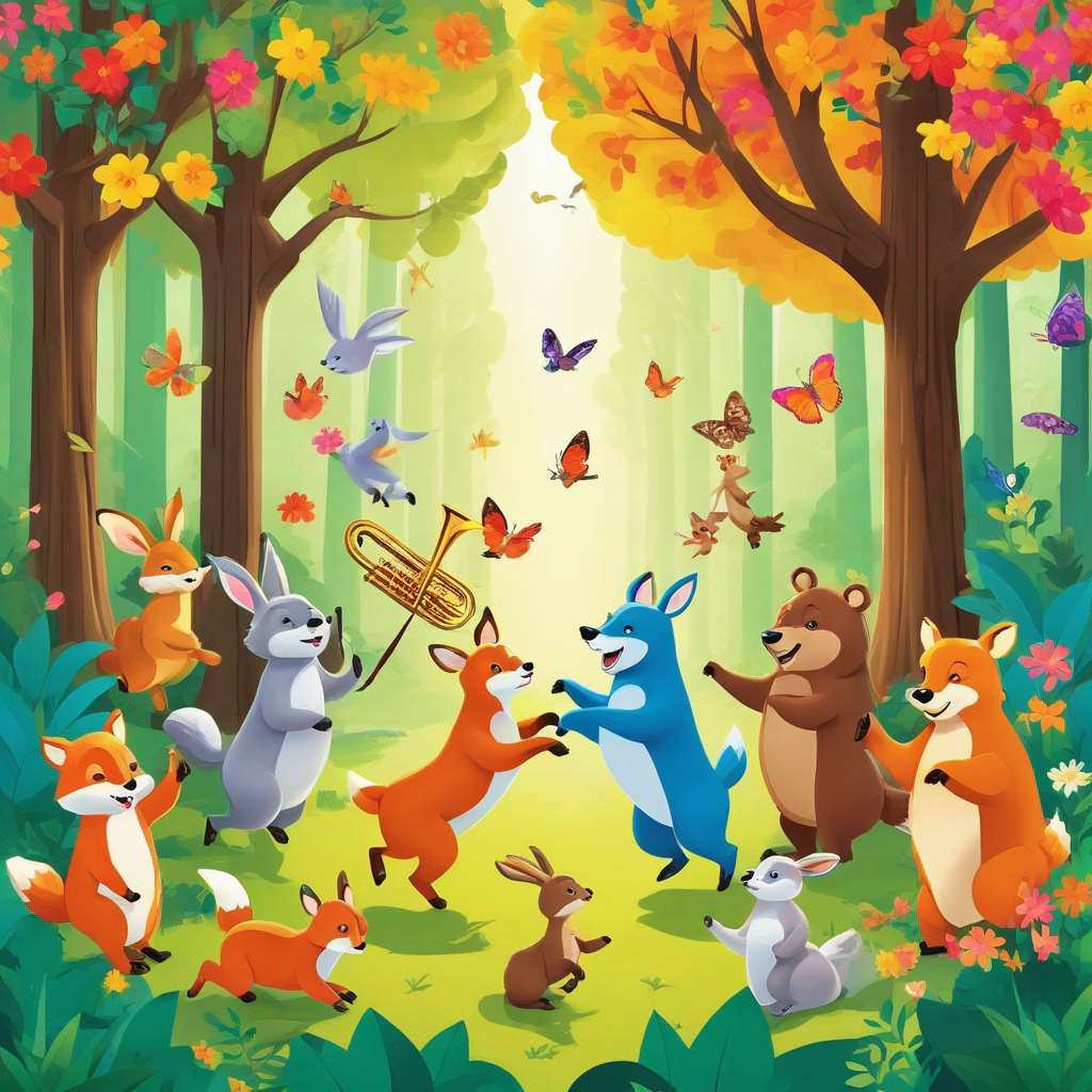 Create a vibrant and lively scene of animals dancing in a lush forest  Include a variety of animals  such as deer rabbits, foxes bears and birds all joyfully moving to the rhythm of nature  The forest is rich with tall trees colorful flowers, and beams of sunlight filtering through the canopy Some animals should be playing instruments like drums or flutes made from natural elements while others clap or sway to the beat The atmosphere should be cheerful magical and full of life