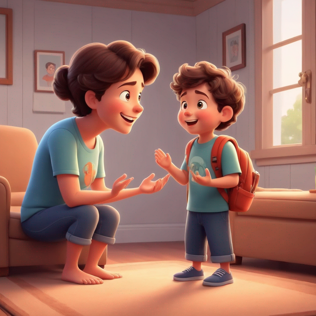 a cute cartoon boy talking to his mom 